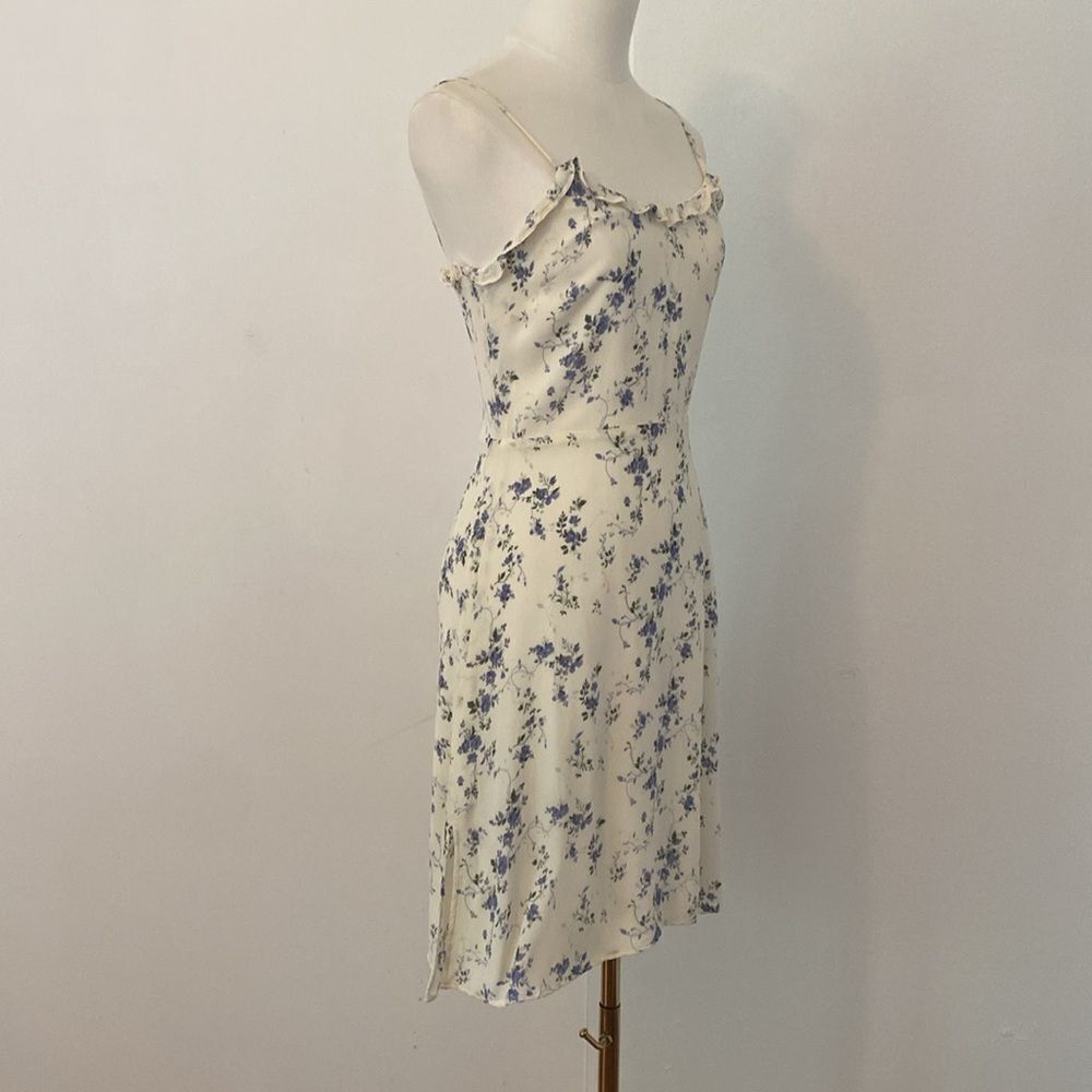Reformation Light Cream & Blue Floral Mini Dress with Ruffle Neckline Size 4 - Picture 5 of 13